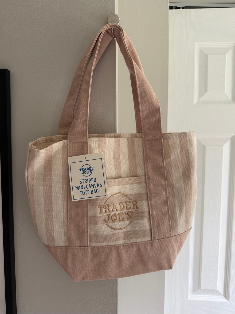 Tan Trader Joe’s Striped Mini Canvas Tote Bag NWT